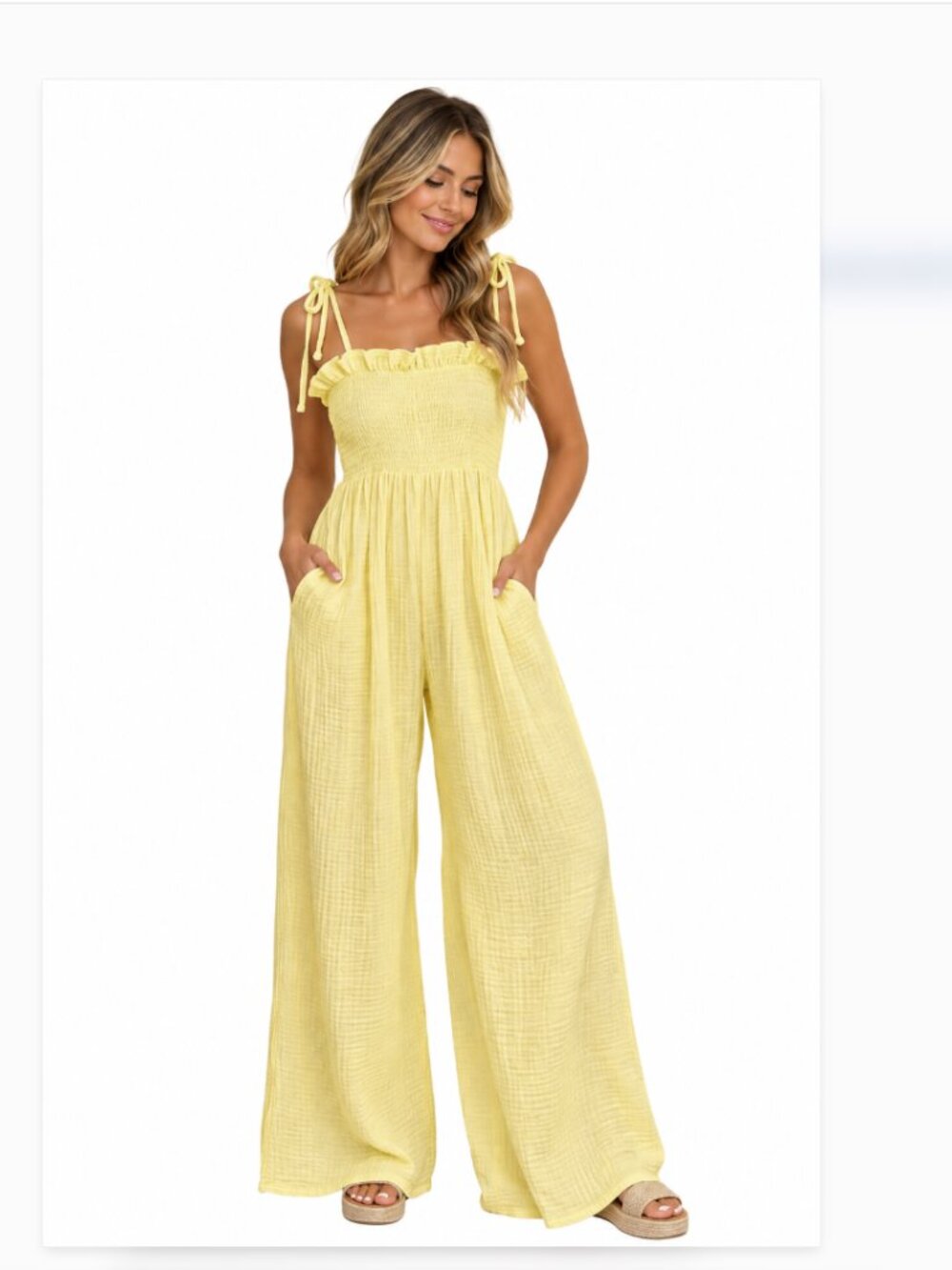 Mable size S Yellow Smocked Strap Jumpsuit butter yellow pastel gauze cotton